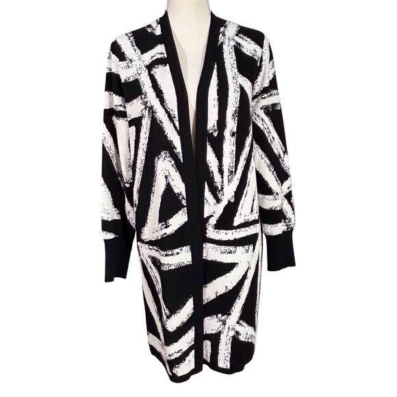 Chicos Long Sweater Cardigan Duster Open Front Size 1 Medium Black White Geo - Picture 7 of 11